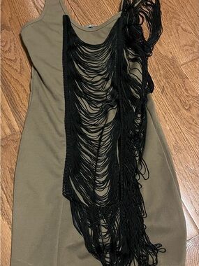 WOW couture Tan Mini Dress with Black Fringe